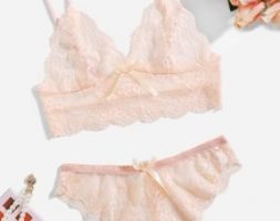 Floral Lace Bow Decor Lingerie Set