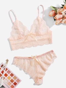 Floral Lace Bow Decor Lingerie Set