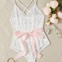 Floral Lace Bow Decor Teddy Bodysuit