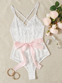 Floral Lace Bow Decor Teddy Bodysuit