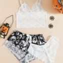 Floral Lace Lingerie Set With Skull Print Shorts