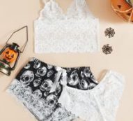 Floral Lace Lingerie Set With Skull Print Shorts