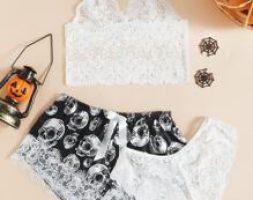 Floral Lace Lingerie Set With Skull Print Shorts