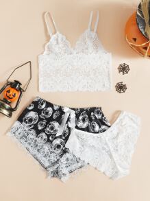 Floral Lace Lingerie Set With Skull Print Shorts