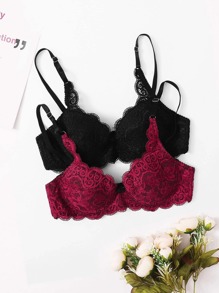 Floral Lace Scalloped Bra Set - 2 Pack