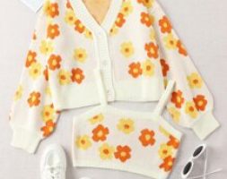 Floral Pattern Knit Top With Cardigan