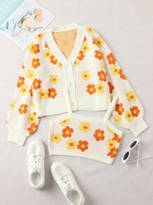 Floral Pattern Knit Top With Cardigan