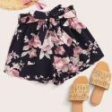 Floral Print Belted Paperbag Waist Shorts