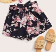 Floral Print Belted Paperbag Waist Shorts
