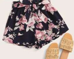 Floral Print Belted Paperbag Waist Shorts