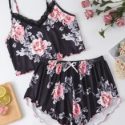 Floral Print Contrast Lace Cami Pajama Set