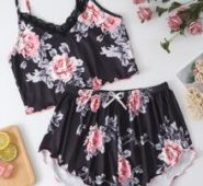 Floral Print Contrast Lace Cami Pajama Set