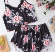 Floral Print Contrast Lace Cami Pajama Set