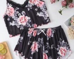 Floral Print Contrast Lace Cami Pajama Set