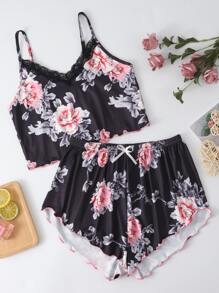 Floral Print Contrast Lace Cami Pajama Set