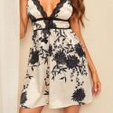 Floral Print Contrast Lace Satin Night Dress