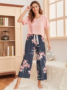 Floral Print Drawstring Waist PJ Set