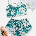 Floral Print Lace Trim Crop Cami Top & Shorts PJ Set