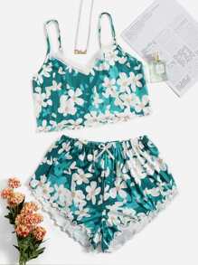 Floral Print Lace Trim Crop Cami Top & Shorts PJ Set