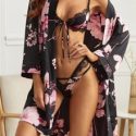 Floral Print Lace Trim Lingerie Set With Belted Robe