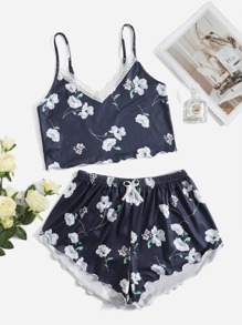 Floral Print Lettuce Trim Cami Top & Shorts PJ Set