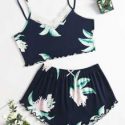 Floral Print Lettuce Trim Pajama Set