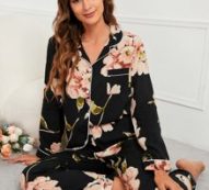 Floral Print Patched Pocket Contrast Piping PJ Set