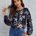 Floral Print Self-Tie Front Peasant Sleeve Top