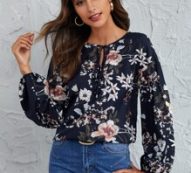 Floral Print Self-Tie Front Peasant Sleeve Top