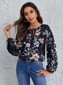 Floral Print Self-Tie Front Peasant Sleeve Top