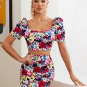 Floral Print Sweetheart Neck Puff Sleeve Top and Skirt Set