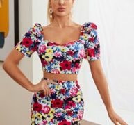 Floral Print Sweetheart Neck Puff Sleeve Top and Skirt Set