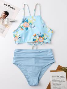 Floral Ruched High Waist Bikini Swimsuit