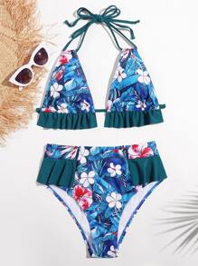 Floral Ruffle High Waist Bikini Swimsuit