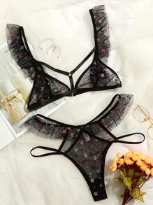 Floral Ruffle Trim Mesh Lingerie Set