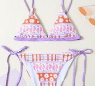 Floral & Plaid Pattern Tie Side Bikini Swimsuit