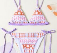 Floral & Plaid Pattern Tie Side Bikini Swimsuit