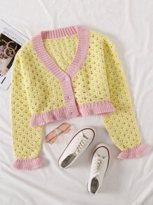 Flounce Sleeve Colorblock Cardigan