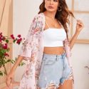 Flounce Sleeve Open Front Floral Print Kimono