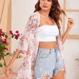Flounce Sleeve Open Front Floral Print Kimono