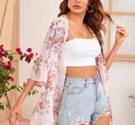 Flounce Sleeve Open Front Floral Print Kimono