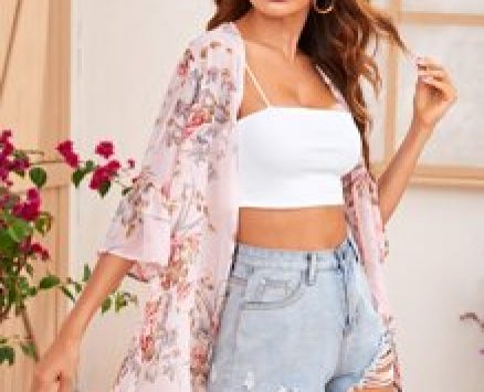 Flounce Sleeve Open Front Floral Print Kimono