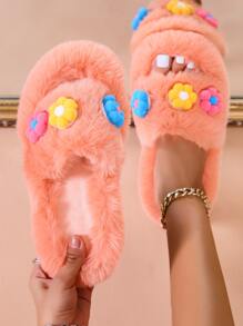 Flower Decor Fluffy Bedroom Slippers