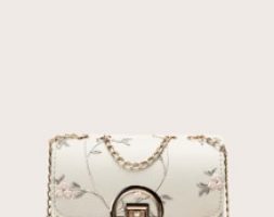 Flower Embroidered Chain Crossbody Bag