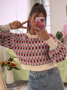 Flower Pattern Bishop Sleeve Sweater