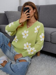 Flower Pattern Drop Shoulder Sweater