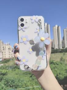 Flower Pattern Phone Case With Beaded Chain Hand Strap