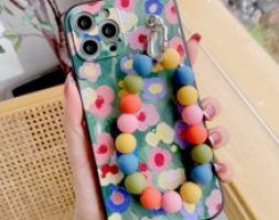 Flower Pattern Phone Case With Beaded Hand Strap