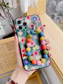 Flower Pattern Phone Case With Beaded Hand Strap