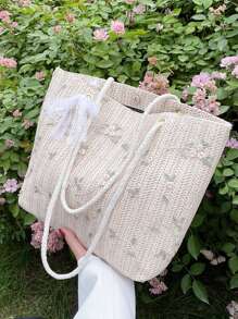 Flower Pattern Straw Tote Bag